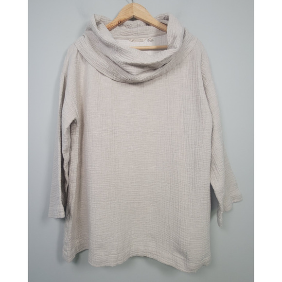 Soft Surroundings Cowl Neck Top L Linen Cotton Gauze 3/4 Sleeve Blouse Oatmeal - Picture 1 of 10